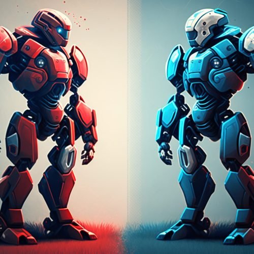 Two futuristic robots before match in blue and red color generat